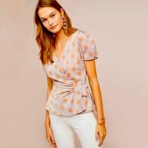 Anthropologie Eva Franco Sweetwater Wrap Top Size S Metallic Silver‎ Polka Dot